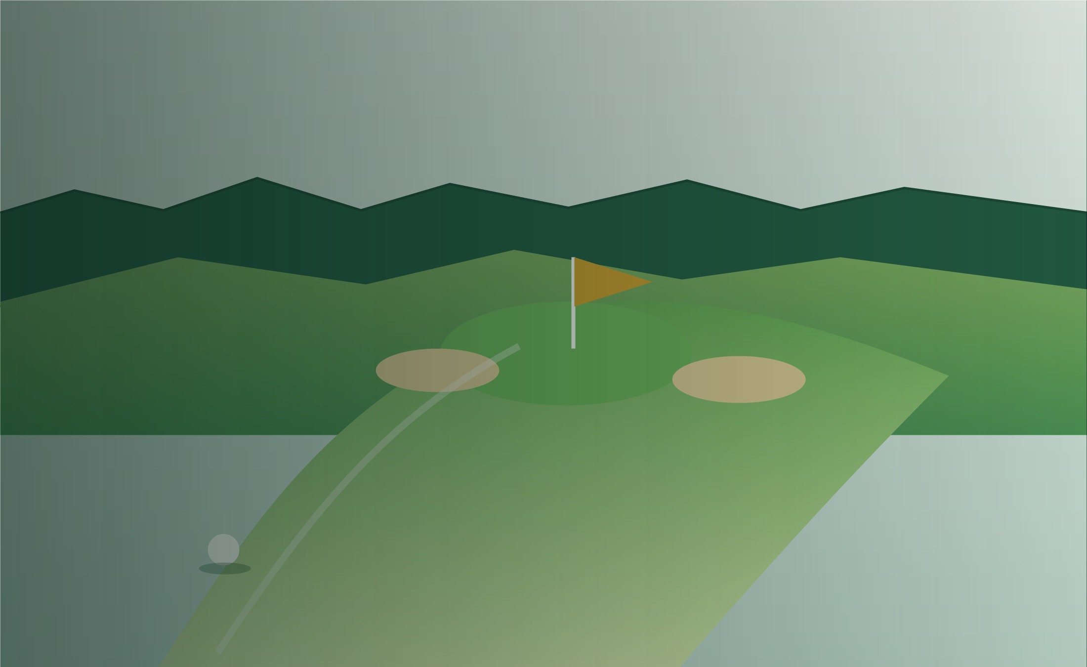 Golf course fairway with green, flag, and golf ball